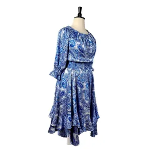 Tahari New Smocked Dress Asymmetrical Ruffle Hem Blue Paisley NWT Women Size 16 thumbnail 4