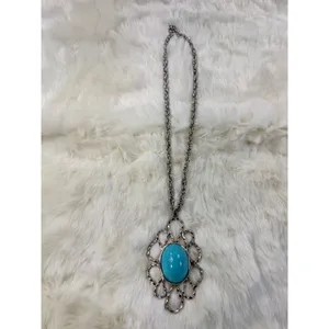 Silver vtg Tone Turquoise Oval Pendant‎ Statement Necklace Women Fashion Jewelry thumbnail 4