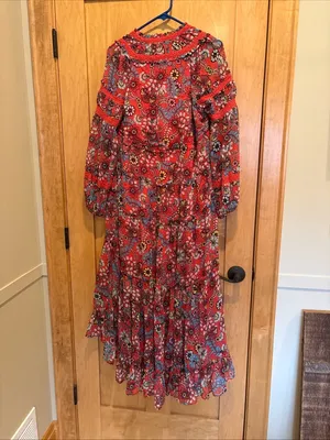 FREE PEOPLE Cassis Printed Chiffon Dress Red‎ Orange Paisley Floral XS Maxi thumbnail 4