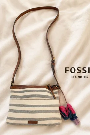 Fossil Purse White/Blue Stripes Crossbody Key thumbnail 1