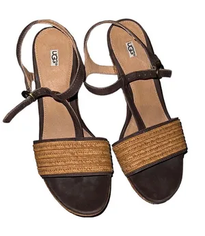 Ugg Brown Leather and Straw Wedge Sandals Size 8.5 thumbnail 1