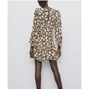 Zara Floral Puff Sleeve Mini Dress Size‎ Medium Retro Holiday Party Black Pink thumbnail 3