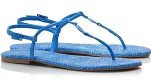 TORY BURCH Sandals Emmy Stitched Logo Leather Flat Thong Blue Ocean Breeze thumbnail 1