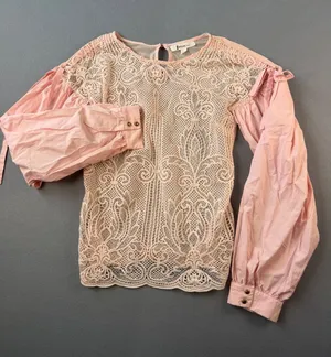 Nylon Apparel Pink Lace Puff Sleeve Blouse Womens Large Romantic Crochet Top thumbnail 1