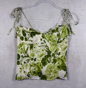 Reformation Green Floral‎ Tie Strap Smocked Back Viscose Cami Top Size 8 thumbnail 1