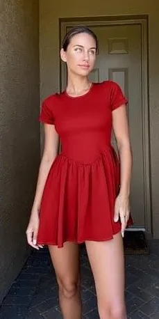 OQQ Mini Dress Womens Medium Red Ribbed Square Neck Fit & Flare Short Sleeve‎ thumbnail 1