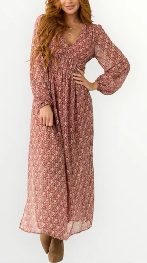Umgee Burgundy Ditsy Floral Print Maxi Dress with Slits size Large Long Sleeves thumbnail 1