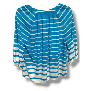Crown & Ivy Blue White Striped Rayon Peasant Blouse Women's Large Coastal Top thumbnail 4