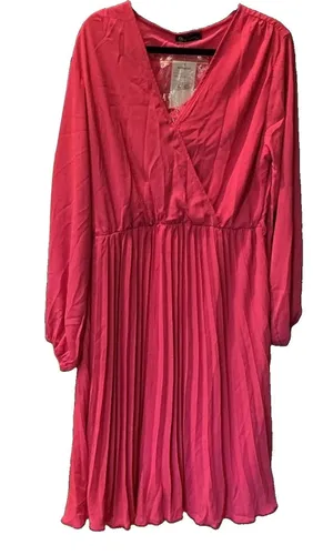 Prettygarden Pink V-Neck Long Sleeve Pleated Fit & Flare Waist Tie Dress XL thumbnail 1