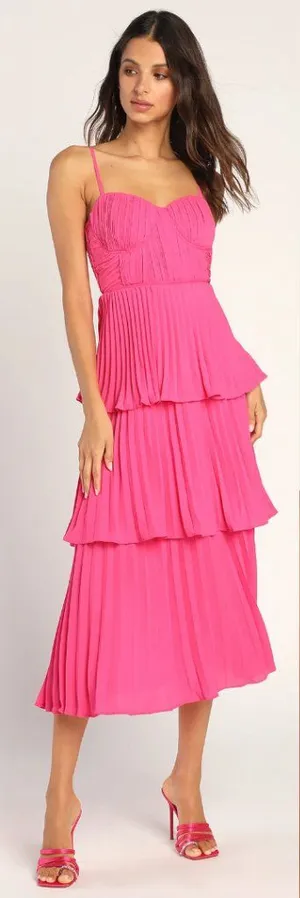 Lulu's Hot Pink Tiered Midi Dress thumbnail 1