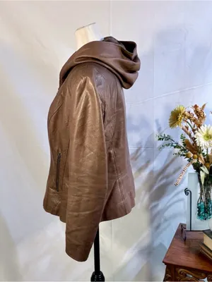 💥Danier Genuine Leather Hooded Moto Zip Up Jacket Brown Quilted Lining Sz L❤️ thumbnail 7