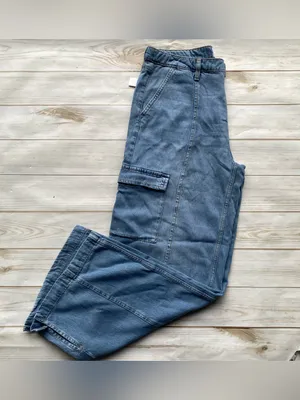 Time & Tru high rise wide leg cargo jeans light wash contour stitching NEW 12 thumbnail 6
