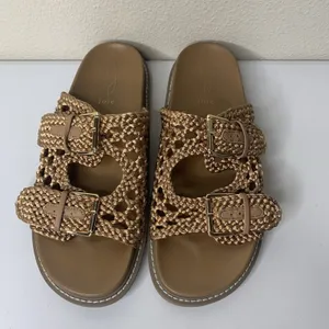 Joie Slide Sandals Woven Braided Crochet Tan Bronze Metallic Gold Buckle Sz 10 thumbnail 4