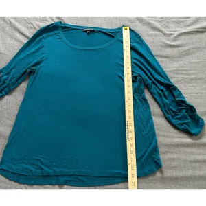 Cable & Gauge Teal Blue Ruched Button Tab Sleeve Scoop Neck Top Large thumbnail 4