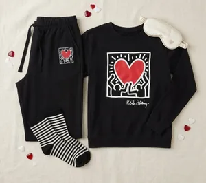 Keith Haring Heart Graphic Sweatshirt and Joggers Loungewear Set Black Small thumbnail 1