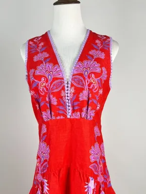 NWOT Farm Rio Porcelain Garden Red Linen Midi Dress Size L thumbnail 8