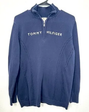 Tommy Hilfiger 1X‎ Navy Quarter Zip Cable Knit Coastal Preppy Nautical Casual thumbnail 1