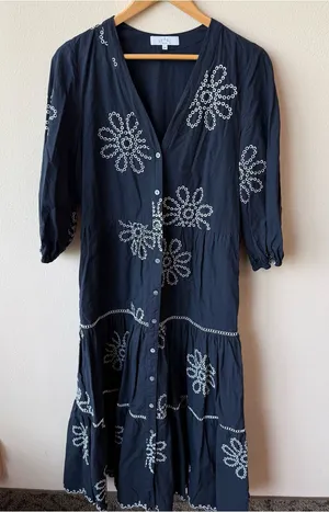 Pearl by Lela Rose Navy White Eyelet Embroidered Tiered 100% Cotton Maxi Dress thumbnail 1