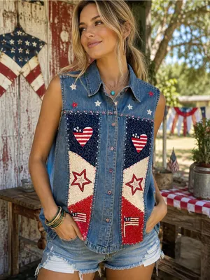 VTG 90s Fashion Bug patriotic American cottage patchwork denim vest shirt NWT XL thumbnail 2