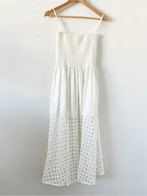 Solid & Striped Kennedy White Smocked Lace Cutout Midi Dress thumbnail 9
