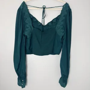 Free People Size-XL/T Women's Top Janelle Green Balloon Sleeve Lace Trim Smocked thumbnail 11