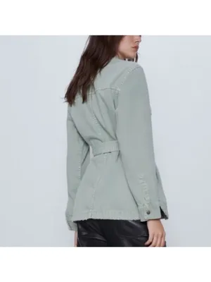 Zara denim belted cotton jean jacket sage green Sz XL thumbnail 3