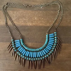 Gold tone turquoise bead spike statement necklace Blue thumbnail 2