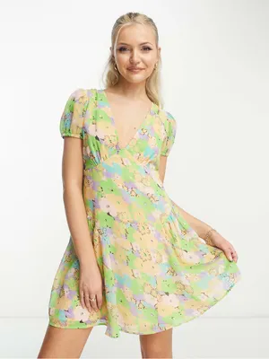 ASOS DESIGN Short Sleeve V-neck Chiffon Mini Dress Floral Print Size 0 thumbnail 1