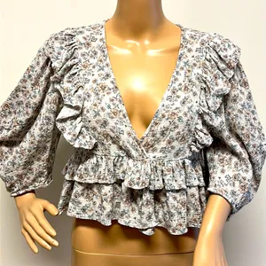 Olivaceous Ruffle Tiered Cropped Top with 3/4 length sleeves thumbnail 1