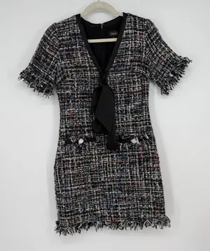 Alexia Admor Tweed Dress, Fringe Trim, Bow Front, Short‎ Sleeve, Size 2 thumbnail 1