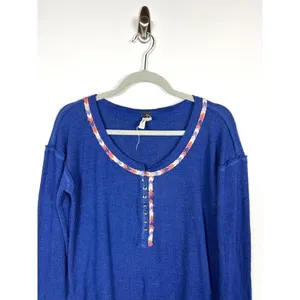 We The Free Blue Thermal Henley Long Sleeve Shirt‎ Top Size L thumbnail 2