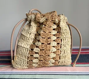 NWT XIIX Straw Bucket Bag Tan Woven Crossbody Coastal Resort Beach Boho thumbnail 1