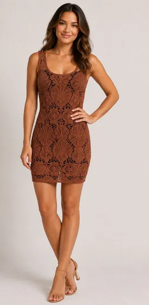 🤎✨ Free People Intimately Crochet Lace Bodycon Mini Dress‎ Rust Brown M/L ✨🤎 thumbnail 1