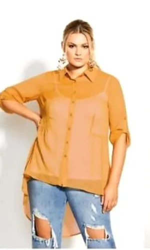 City Chic Tunic Womens 18 Gold High-Low Sheer Roll-Tab‎ Sleeve Boho Minimalist thumbnail 1