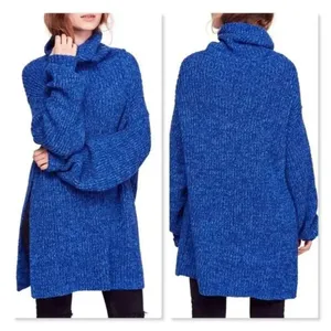 Free People Slouchy Sweater Women Blue 'Eleven' Tunic Medium Oversize Turtleneck thumbnail 2