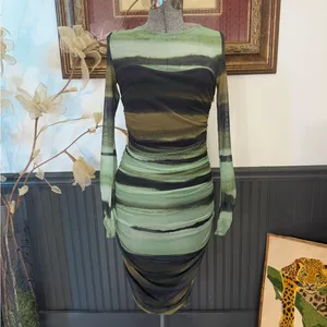 Anthropologie Ruched Sheer Mesh Bodycon Midi Dress Green Black XS🧡🍄 thumbnail 3