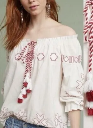 Anthropologie Harlyn Farina S Embroidered White Peasant Boho Blouse Top thumbnail 1