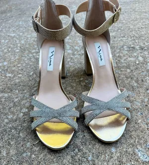 Nina New York Gold Shimmer Rhinestone Strappy Ankle Strap Block Heel Sandals thumbnail 3