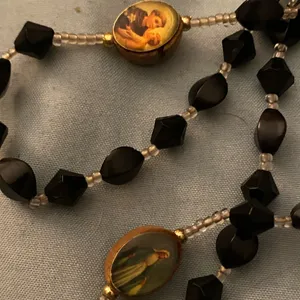 Rosary Necklace Silver Cross Black & Wood Photo Beads 20” Long thumbnail 5