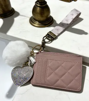 Blush Pink Quilted Card Holder Wallet with Rhinestone Heart Charm thumbnail 1