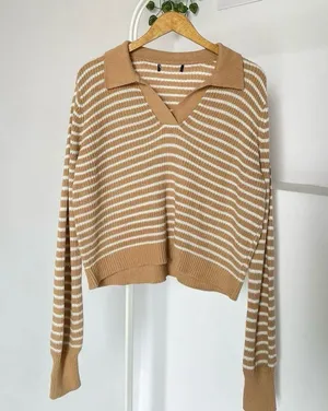 Princess Polly Striped tan white collared sweater thumbnail 1