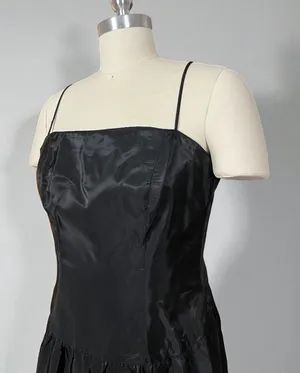 Niki By Niki Livas Vintage 80s Black Spaghetti Strap Crinkle Taffeta Tiered A Line Dress thumbnail 1