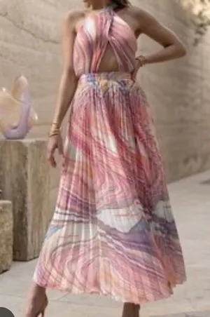 NWT Rococo Sand Eira Maxi Dress Peach Lilac Chiffon Open Back Pleated XS thumbnail 1