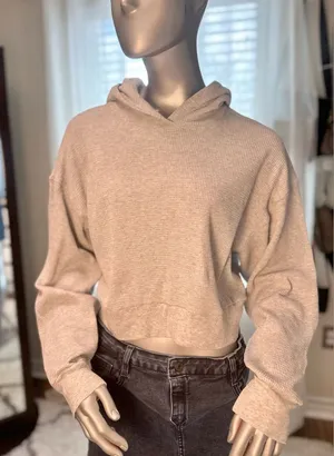 Aritzia The Group Babaton Waffle Knit Cropped Hoodie M Neutral Gray thumbnail 1