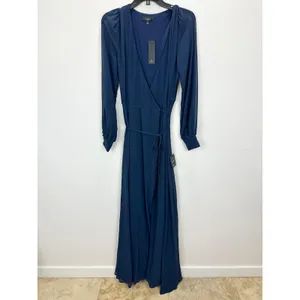 Lulus My Whole Heart Dark Navy Blue Long Sleeve Wrap Dress Chiffon Medium NWT thumbnail 5