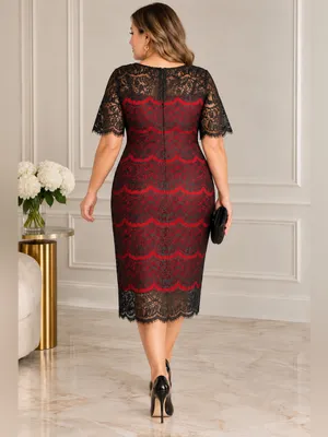 Suzanne Betro Red Black Lace Sheath Midi Dress XL NWT thumbnail 2