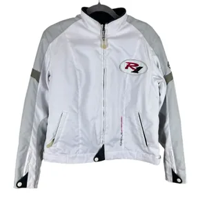 Castle Streetwear White Gray Full Zip‎ Lined Mock Neck Motorcycle Jacket Size 10 thumbnail 2