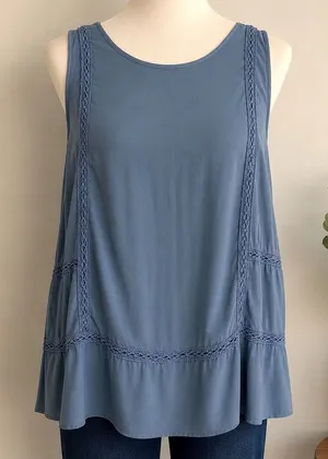 Ann Taylor LOFT Blue Sleeveless Crochet Lace Trim Blouse Top Large Boho‎ Whimsy thumbnail 1