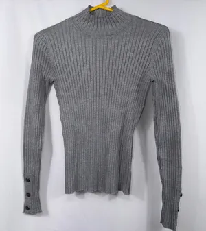 Gray Ribbed Mock Neck Sweater XS Button Cuff thumbnail 1