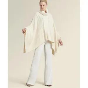 NEW Donna Karan‎ Ivory Cable Knit Cowl Neck Poncho Sweater Cape thumbnail 2